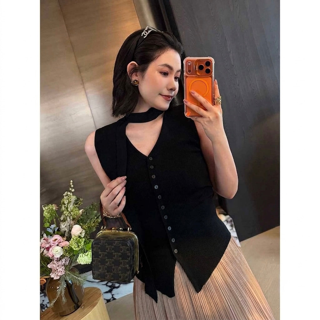 Tie-Neck Lyocell Knit Vest