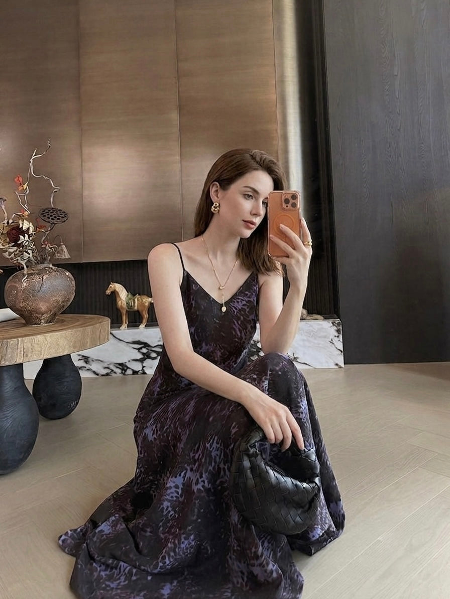 The Vesper Violet Leopard Silk Maxi Dress