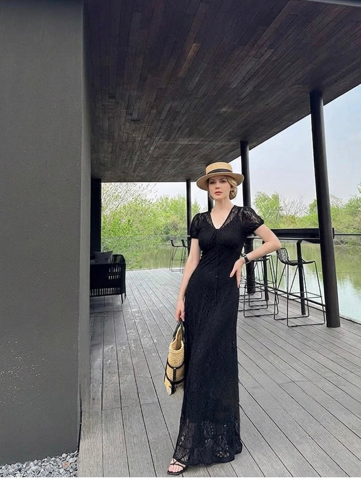 Noir Reverie Stretch Lace Maxi Dress