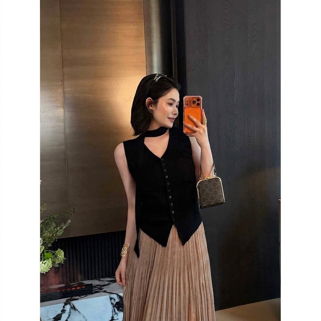 Tie-Neck Lyocell Knit Vest