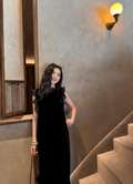 Noir Ruffle Silk Velvet Midi Dress