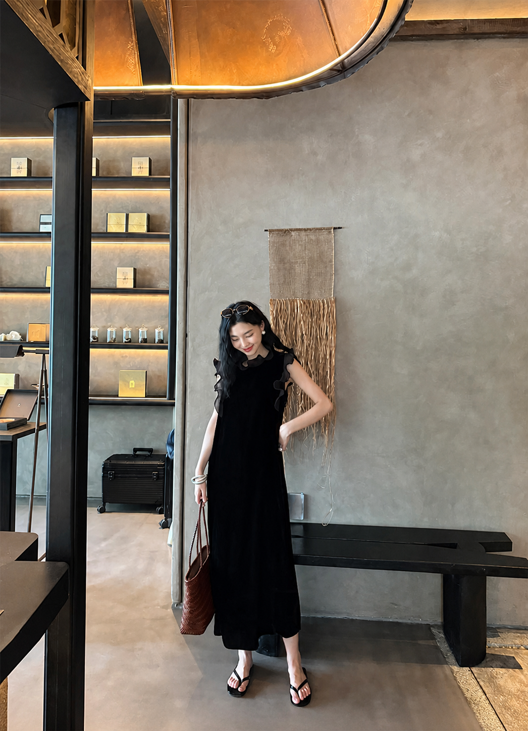 Noir Ruffle Silk Velvet Midi Dress